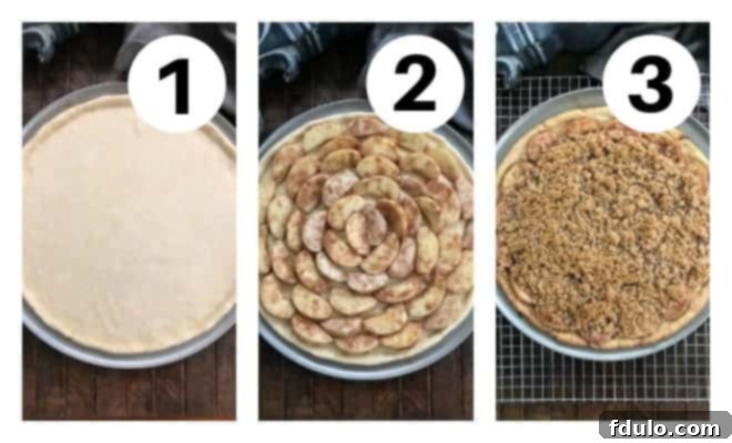 How to Make a Dessert Pizza A visual guide in a collage of three numbered process shots illustrating the making of an apple pie pizza. Step 1 shows the pastry crust on a pizza pan. Step 2 depicts apple slices arranged over the crust. Step 3 shows the crumble topping being sprinkled over the apples, ready for baking.