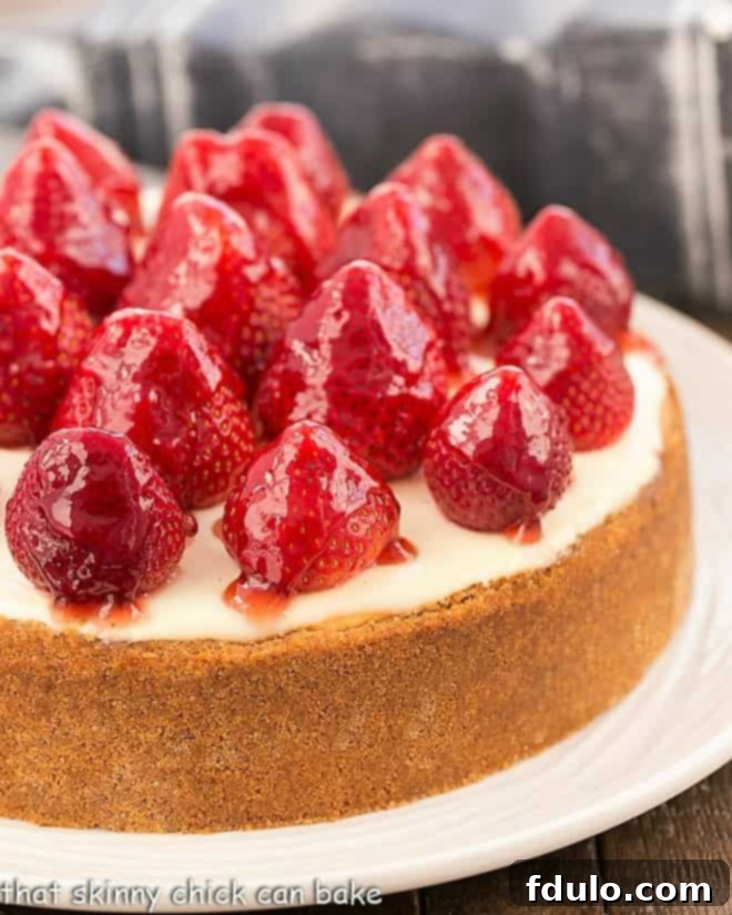 Strawberry Topped Cheesecake - a luscious, creamy vanilla cheesecake encased in a graham cracker crust with a sour cream topping and a crown of beautiful ripe, glazed strawberries! Strawberry Topped Cheesecake on white serving plate.