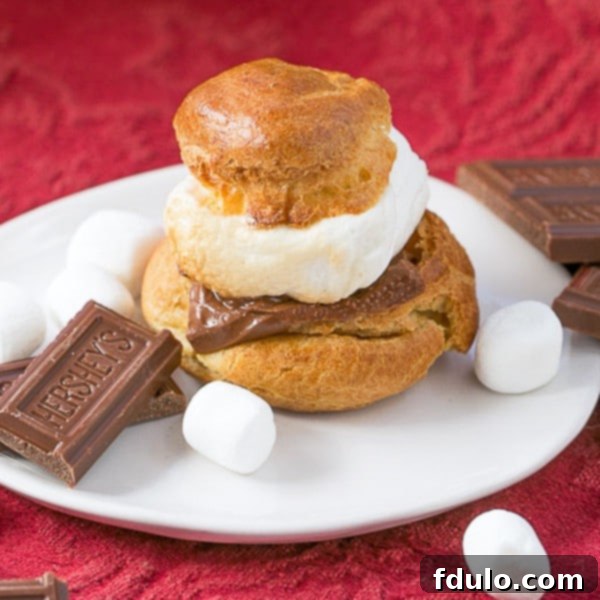 S'mores Cream Puffs - A gourmet s'mores dessert that will dazzle your friends! S'mores Cream Puffs on a white plate with chocolate and marshmallow garnishes