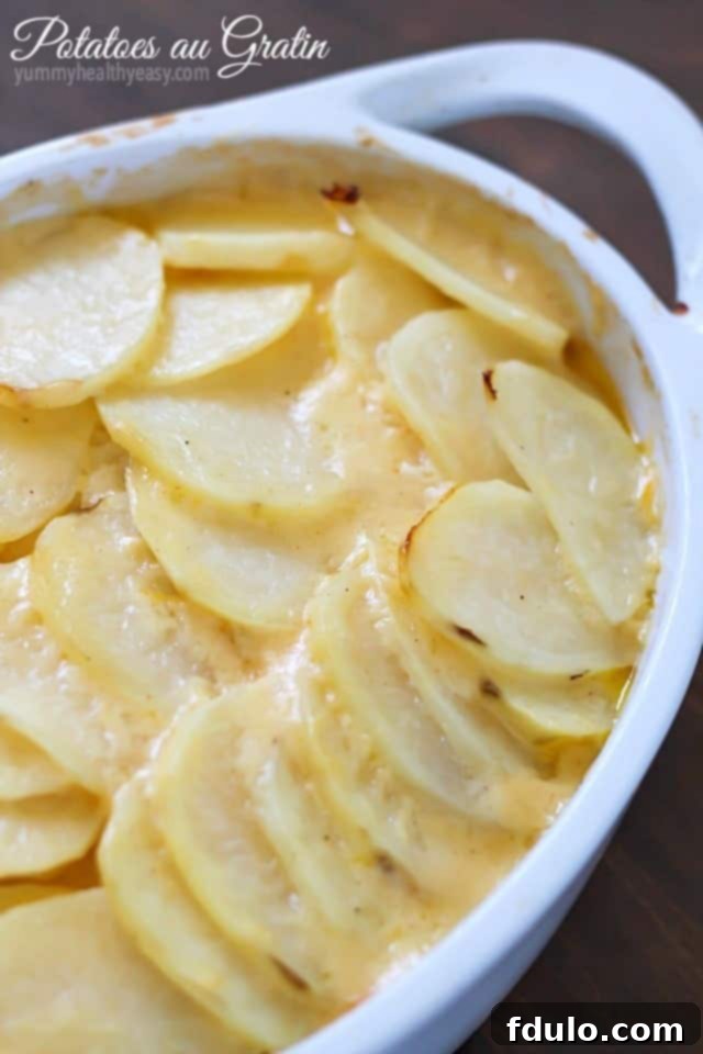 Easy Homemade Cheesy Potatoes Au Gratin in a baking dish