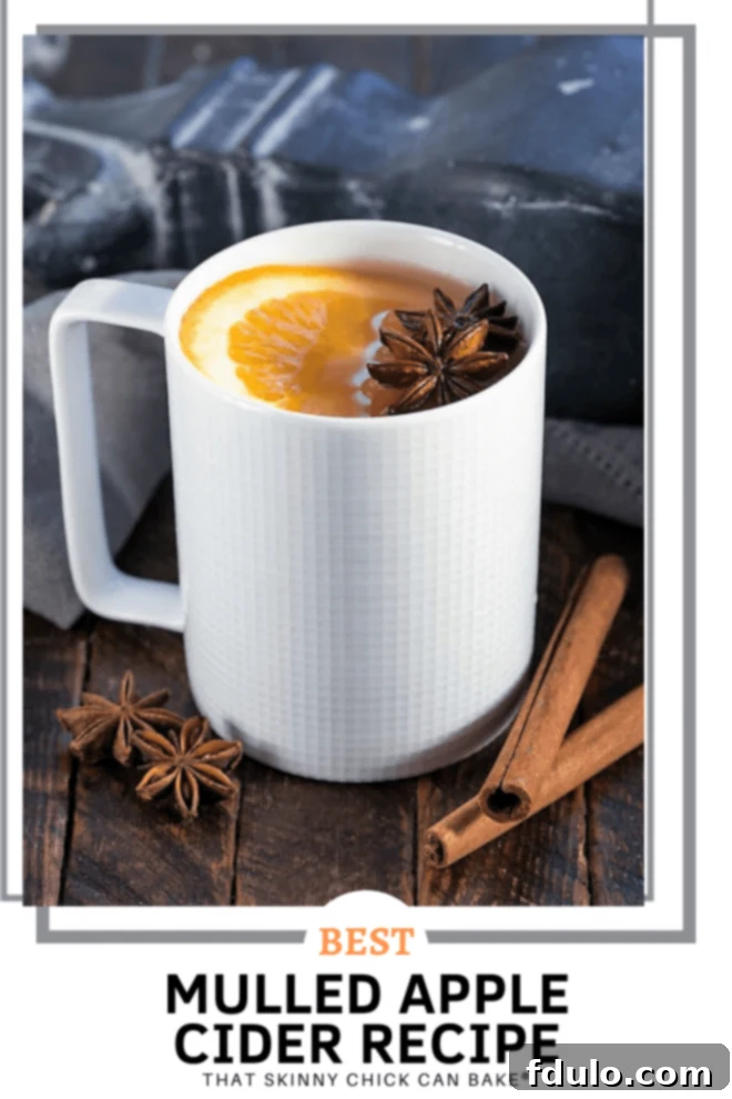Mulled Apple Cider - Hot cider flavored with vanilla, oranges and warm autumn spices. Perfect for holiday parties, apres ski parties or anytime you need to warm your soul A charming collage featuring a vibrant photo of Mulled Apple Cider alongside a descriptive text box, highlighting its cozy appeal.