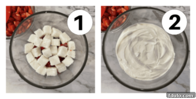 Process shots 1 and 2 for how to make a strawberry trifle, showing berries being placed and then angel food cake being layered.