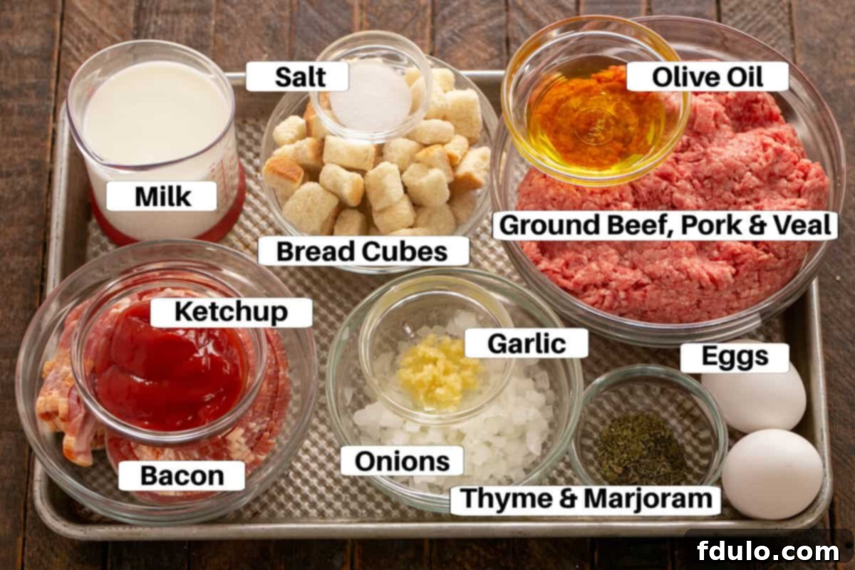 Meatloaf Ingredients on a sheetpan with labels.