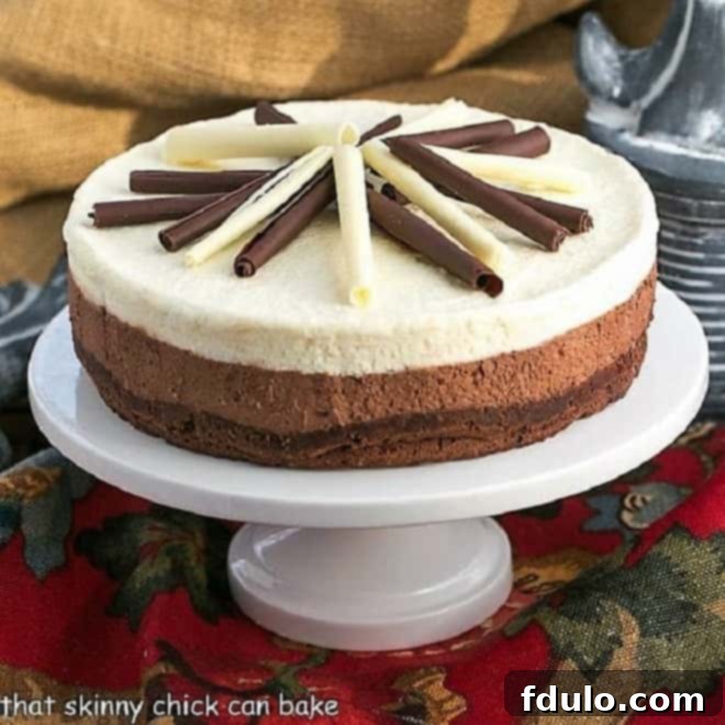 Layered Mousse Cake is an exquisite triple-layered mousse cake that's perfect for the chocoholics in your life! An elegant dessert recipe! Layered Mousse Cake on a white ceramic cake plate.