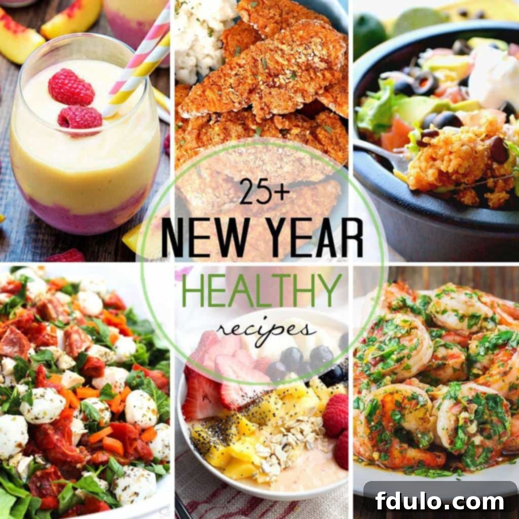 A vibrant collage of healthy recipes including salads, smoothies, and main dishes, perfect for starting the New Year right.