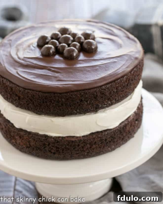 Ding Dong Cake topped with chocolate candies on a white cake stand, highlighting the rich chocolate and creamy filling.
