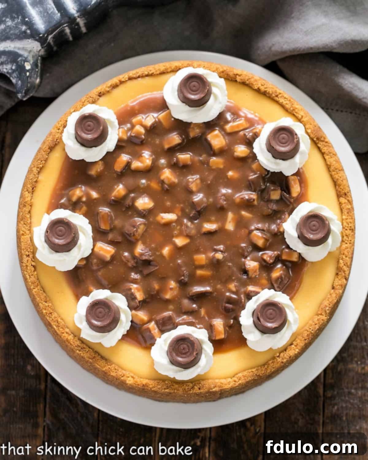 Overhead view of caramel cheesecake on a white plate