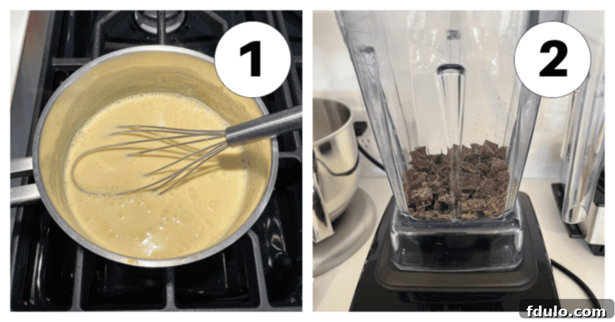 Two process shots side-by-side. The first shows the custard base being whisked in a saucepan over heat. The second shows finely chopped chocolate placed in a blender carafe, ready for the hot custard.