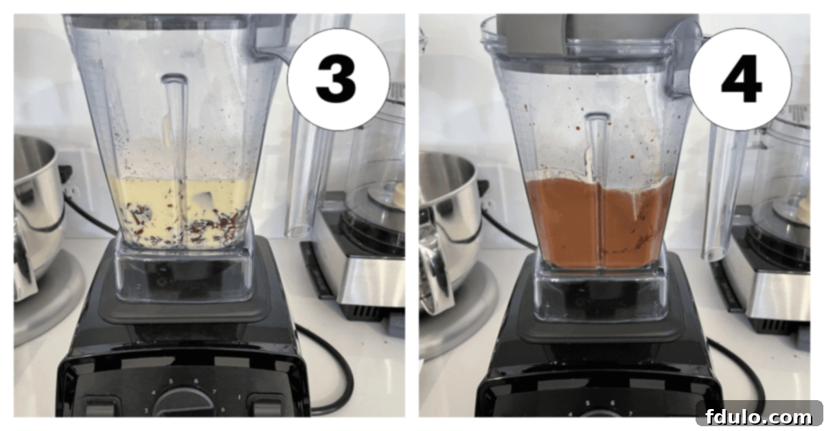 Two process shots side-by-side. The first shows the hot custard mixture being carefully poured over the chopped chocolate in the blender. The second shows a set Irish cream pots de creme in an individual serving dish, ready to be garnished.