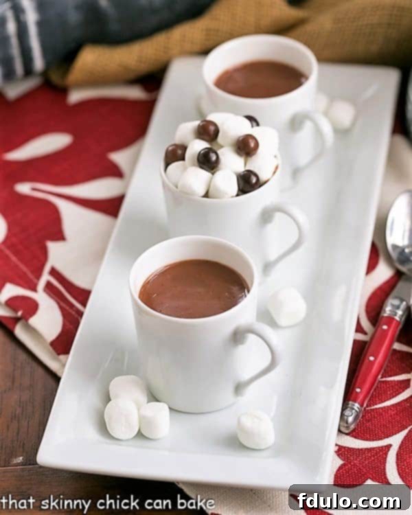 Luscious, thick Italian Hot Chocolate - This Cioccolata Calda is the BEST hot chocolate you'll ever make! Two mugs of Italian Hot Chocolate on a white tray.