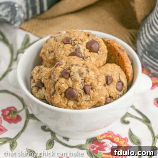 A beautifully arranged bowl full of homemade Oatmeal Chocolate Chip Cookies, highlighting their rich texture and melty chocolate chips.