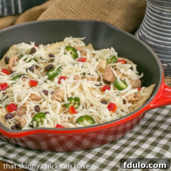 Red skillet of salmon nachos before they're cooked