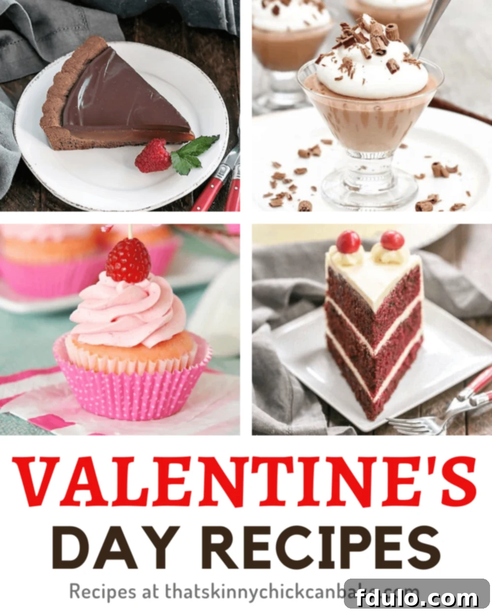 A beautiful collage of four delicious Valentine's Day themed dishes: a chocolate caramel tart, red velvet cake, heart-shaped cookies, and a romantic breakfast spread, perfect for inspiring your holiday menu.