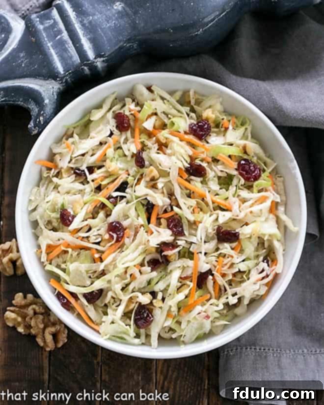 Zesty & Light Coleslaw (No Mayo) 2 Overhead view of Easy No-Mayo Coleslaw in a beautiful white serving bowl, highlighting the colorful mix of cabbage, cranberries, and walnuts.