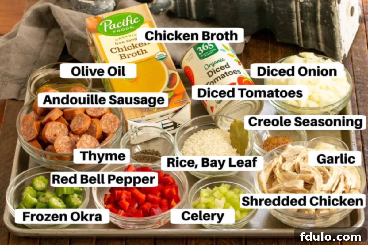 Fresh ingredients for Jambalaya Soup laid out on a sheet pan, including chicken, sausage, bell peppers, celery, and spices.