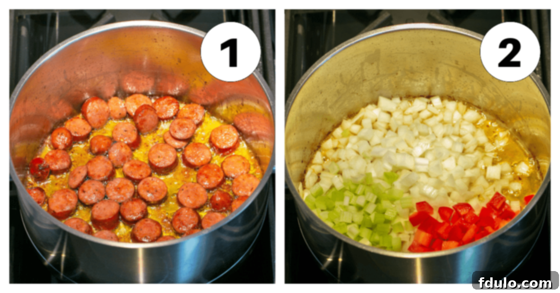 Process shots showing Andouille sausage browning and vegetables sautéing for Jambalaya Soup.
