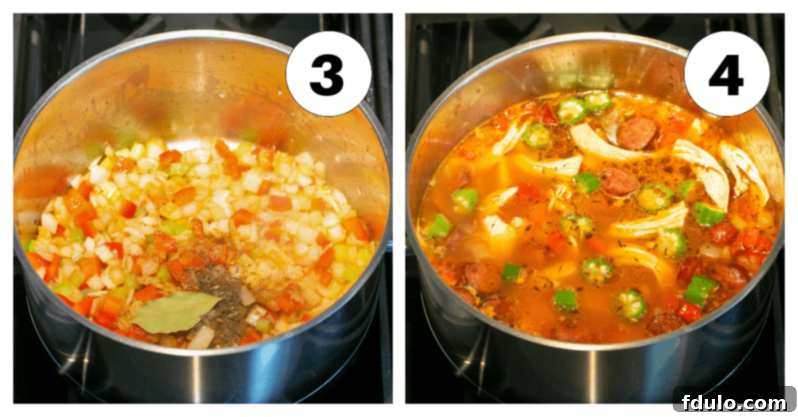 Process shots illustrating adding garlic and spices, then broth, rice, and tomatoes to the soup pot.
