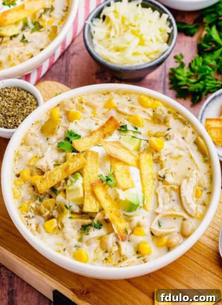 White Chicken Chili with shredded chicken, corn, and white beans