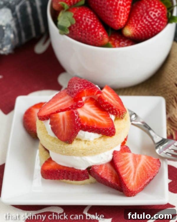 A beautifully composed plate of fresh Strawberry Shortcakes featuring golden olive oil cake rounds, artfully layered with vibrant strawberries and billowy whipped cream.