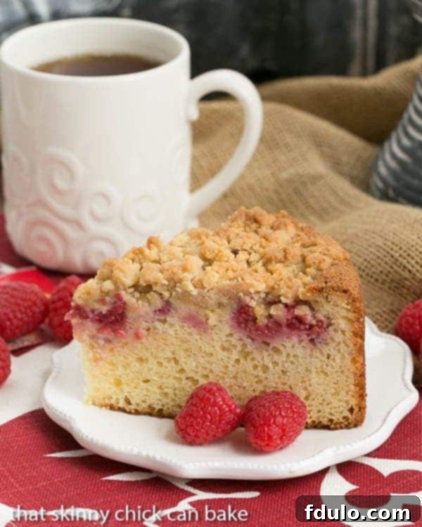 Raspberry Coffee Cake with a moist sour cream base, fresh berries, and a crunchy streusel topping – a perfect brunch treat.