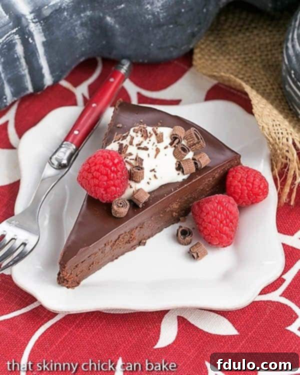 Bete Noire Cake - dark, decadent and out of this world delicious. Worthy of any celebration! Overhead shot of a slice of La Bete Noire on a white plate.