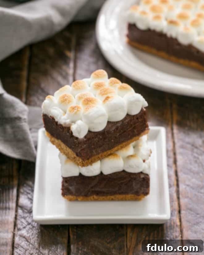 Gooey S'mores Brownies with Graham Cracker Crust 4 S'mores Brownies with a graham cracker crust, stacked on a small square white plate, highlighting the three distinct layers.