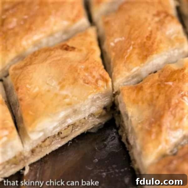 Close up on the insides of a slices of Classic Greek Baklava, showing distinct, flaky layers and rich nut filling.