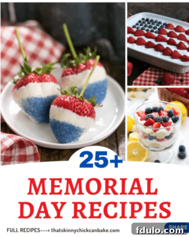 Three mouth-watering Memorial Day dishes presented above a red, white, and blue text box, inspiring patriotic holiday and picnic menus.