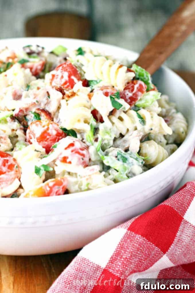 Ranch BLT Pasta Salad featuring pasta, bacon, lettuce, and tomato with a creamy ranch dressing.