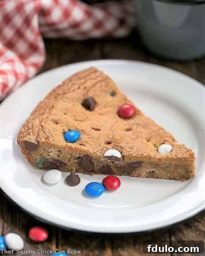 Patriotic Skillet Cookie, a large chocolate chip cookie with red, white, and blue M&Ms.