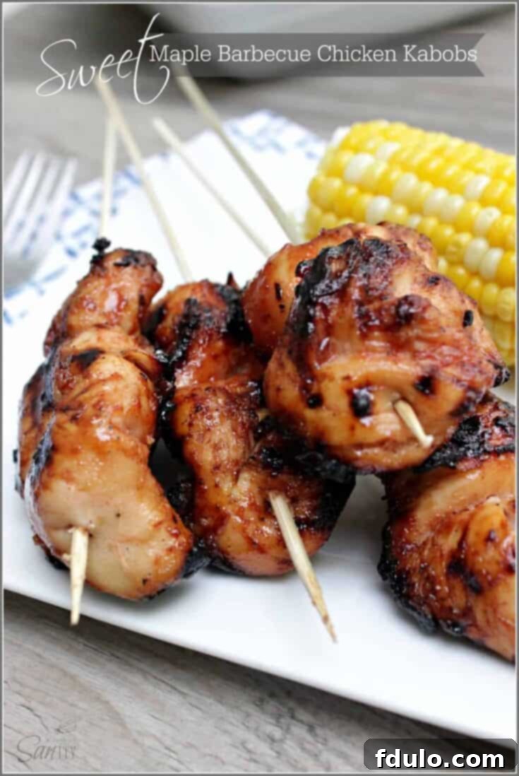 Sweet Maple Barbecue Chicken Kabobs with colorful vegetables, perfectly grilled and caramelized.