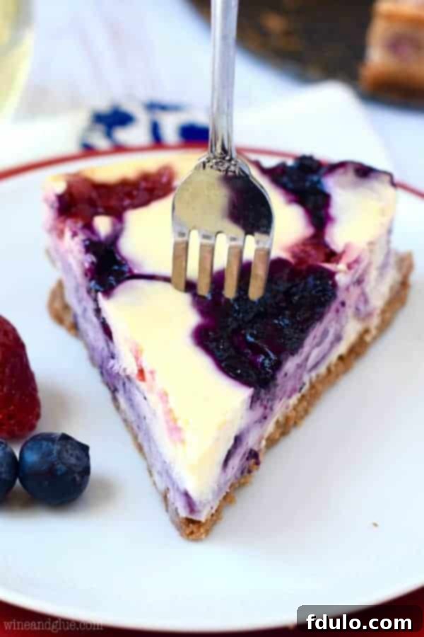 Berry Swirl Cheesecake, a beautiful and rich dessert for summer meals.