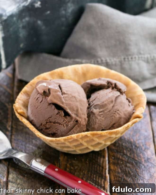 Chocolate Velvet ice cream in a waffle bowl with a red handled spoon