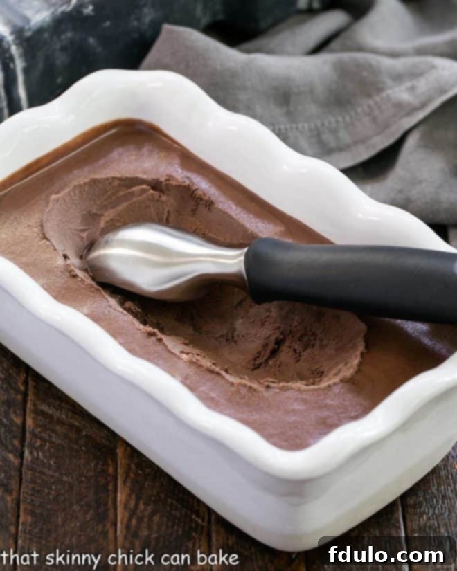 Chocolate Velvet Ice cream in a white ceramic terrine with an ice cream scoop