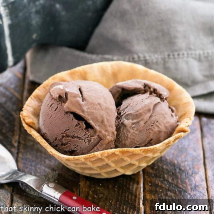Chocolate ice cream scoops in a waffle cone bowl