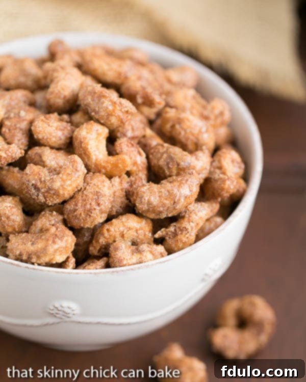 Sweet Heat Cashews 2 Overhead view of Spicy Sugared Cashews in a decorative serving bowl