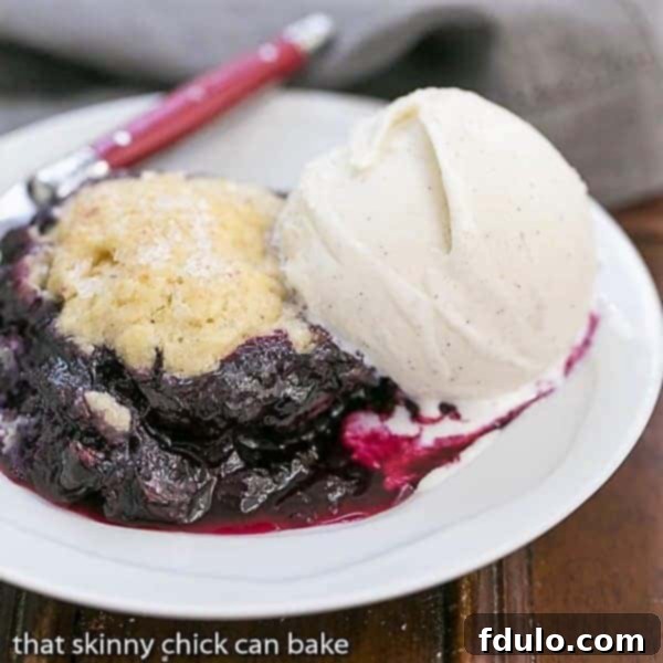 A close-up shot of Grilled Blueberry Cobbler on a white dessert plate, generously topped with a melting scoop of vanilla ice cream.