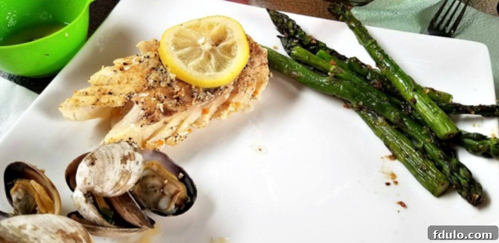 White Wine Steamed Clam served with cooked cod fillet and apargus