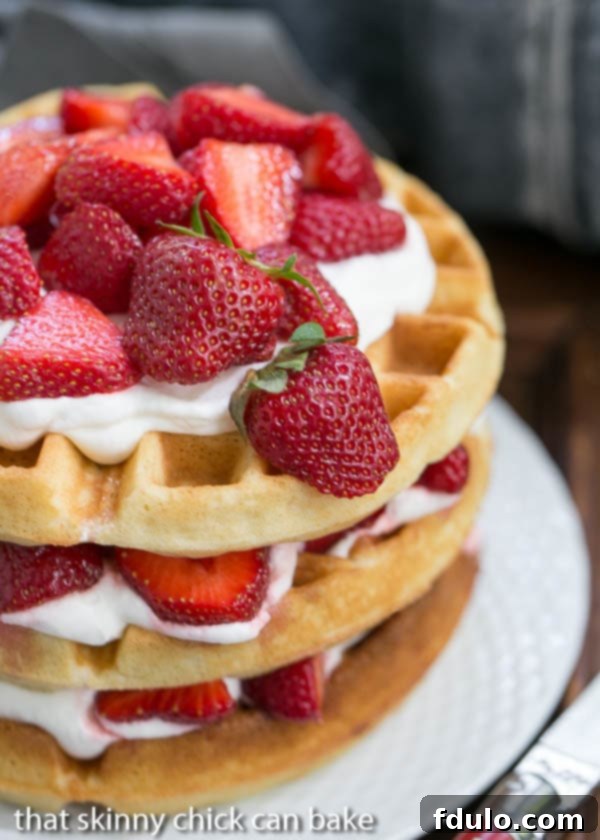 Strawberry Waffle Cake on a white plate, showcasing layers of waffle, cream, and strawberries.