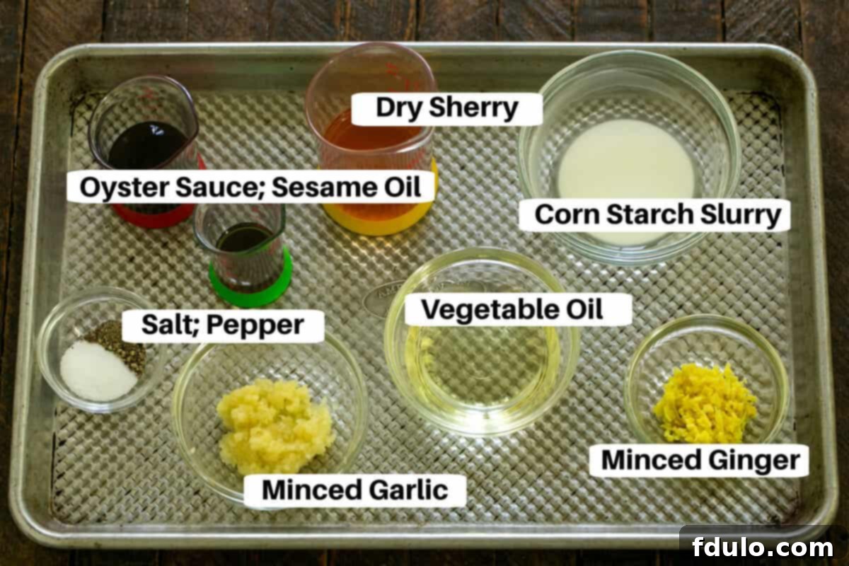Chicken Stir Fry Sauce Ingredients laid out on a sheetpan with labels, ready for mixing.