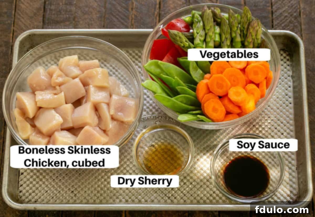 Fresh Chicken Stir Fry Ingredients neatly arranged on a sheetpan with labels, showcasing freshness.