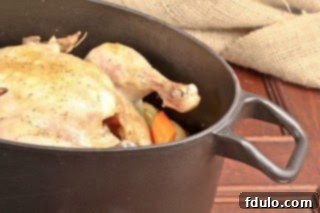 Jacques' Armagnac Chicken 3 Armagnac Chicken, partially roasted and browning, inside a classic Dutch oven with vegetables