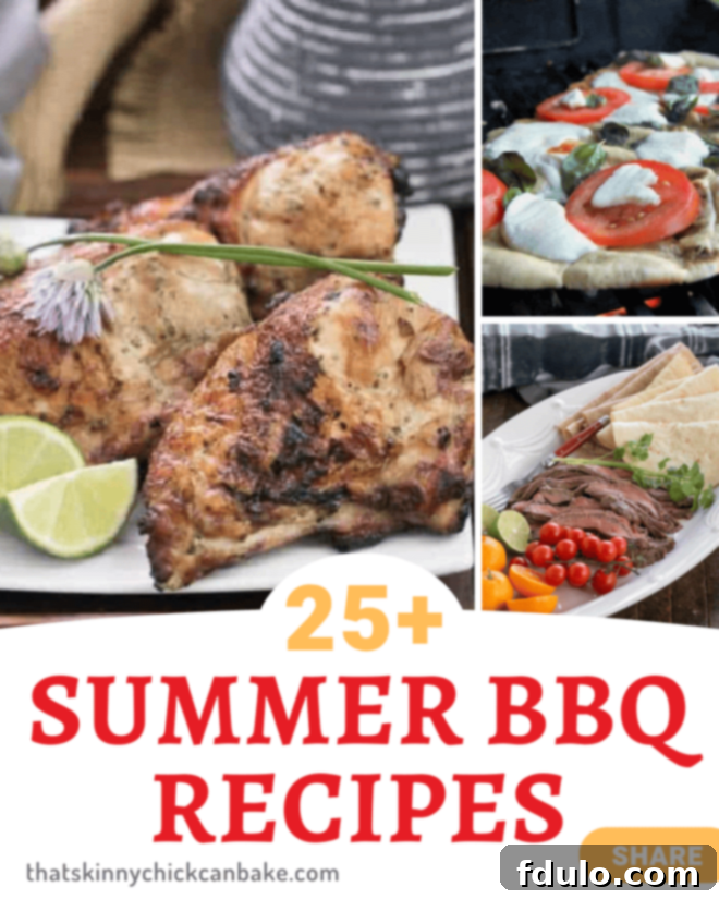 A collage of various summer grilling recipes including meats, vegetables, and desserts, with a title text box.