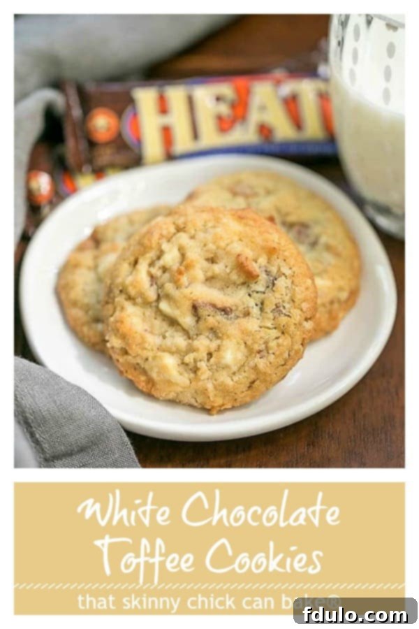 A visually appealing White Chocolate Toffee Chunk Cookies Pinterest graphic, featuring a vibrant photo collage of the cookies and descriptive text perfect for social sharing: 'These oatmeal cookies are chock full of deliciousness! A perfect blend of white chocolate, toffee, and coconut. #cookies #whitechocolate #toffee #oatmealcookies #coconut #thatskinnychickcanbake'