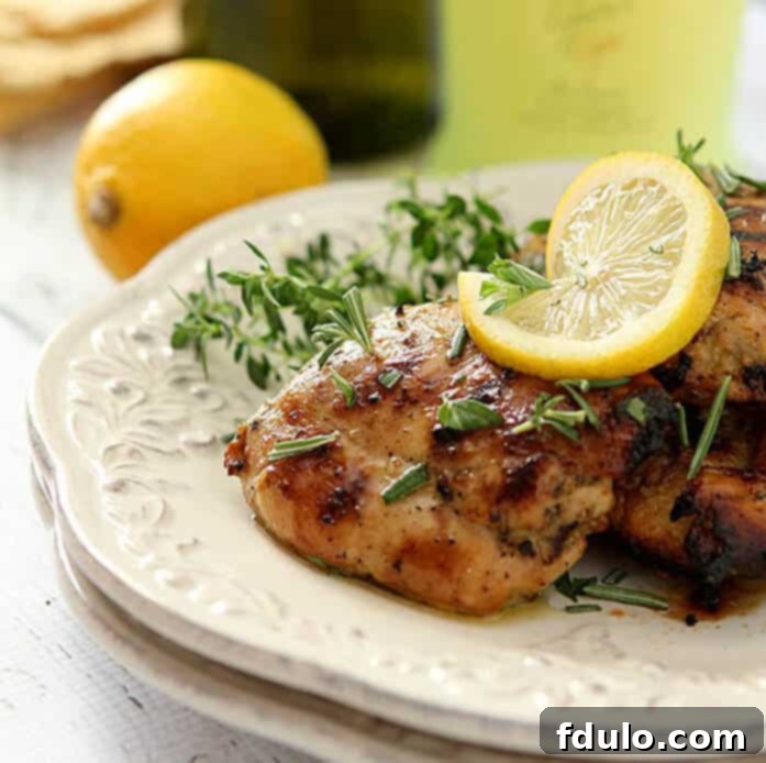 Beloved Chicken Dishes 11 Grilled Barbecued Limoncello Chicken Thighs, garnished with fresh herbs and lemon slices.