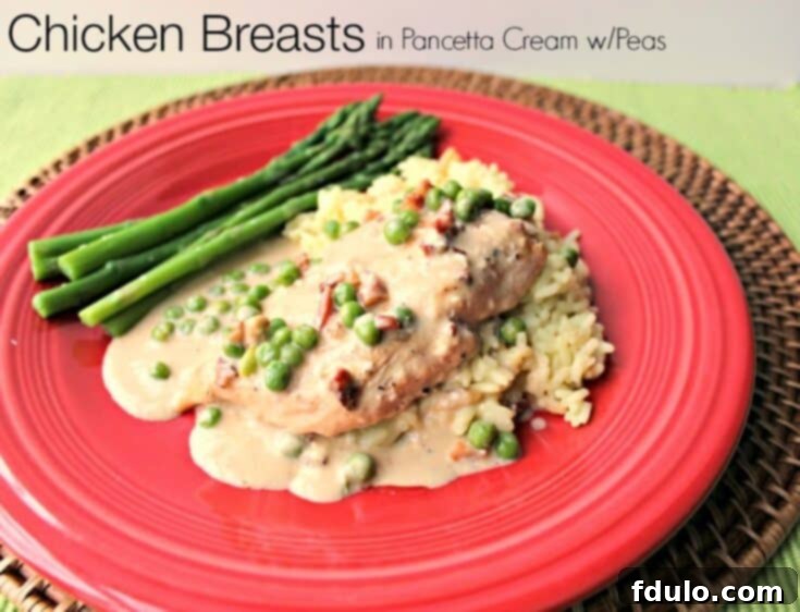 Beloved Chicken Dishes 6 Gourmet Chicken Breasts in Pancetta Cream with Peas, elegantly plated.