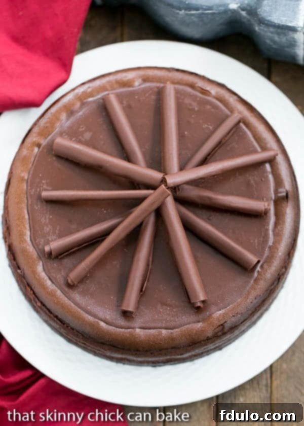 Overhead view of a Triple Chocolate Cheesecake on a white serving plate