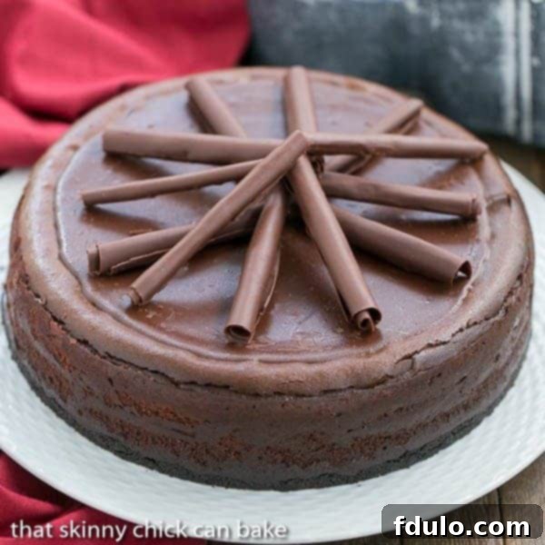 Triple Chocolate Cheesecake on a white ceramic plate topped with chocolate curls.