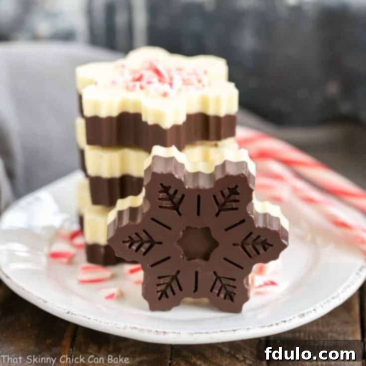 Festive Mint Bark Snowflakes 2 Peppermint Bark Snowflakes | A fabulous, impressive holiday or hostess gift!