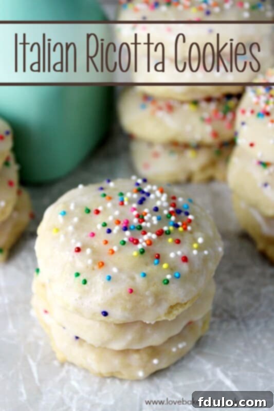 Italian Ricotta Cookies, soft, cake-like cookies with a delicate texture, often topped with a sweet glaze and sprinkles.